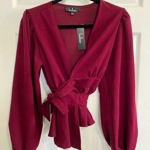 Lulu’s Burgundy Tie-Front Long Sleeve Peplum Top, L